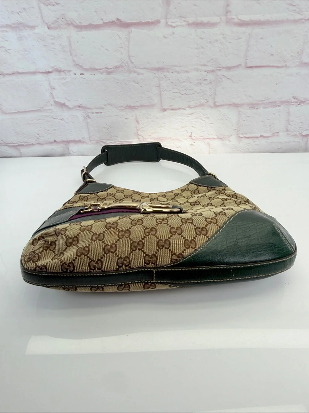 Gucci Beige/Ebony GG Canvas Green Leather Horsebit Hobo Bag